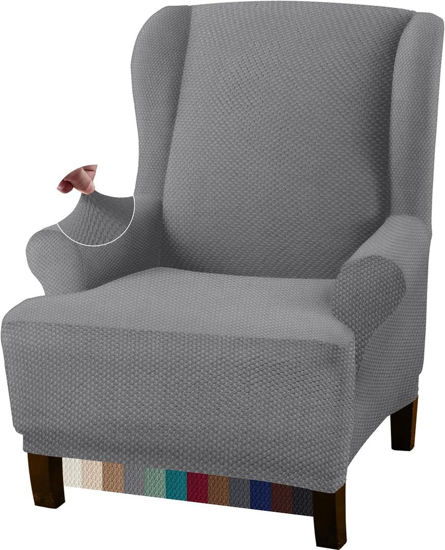 Granbest Premium Thick 1 Piece Wingback Chair Covers for Living Room High Stretch Furniture Slipcovers for Wingback Chairs Stylish Wing Chair Covers Jacquard Fabric (Wing Chair Cover, Light Gray)