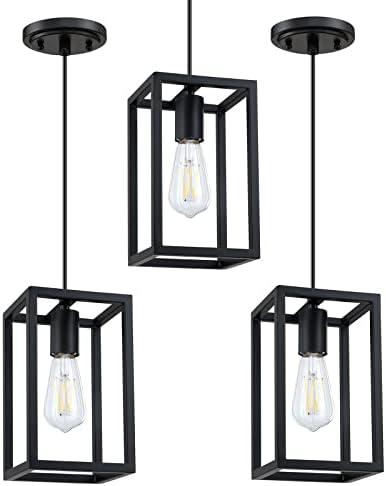 Dolaimy House 3 Pack 1 Light Adjustable Rustic Farmhouse Pendant Light with 5.7" Lantern Cage Mini Pendant Lighting Fixture Black Finish for Kitchen Island Cafe Bar