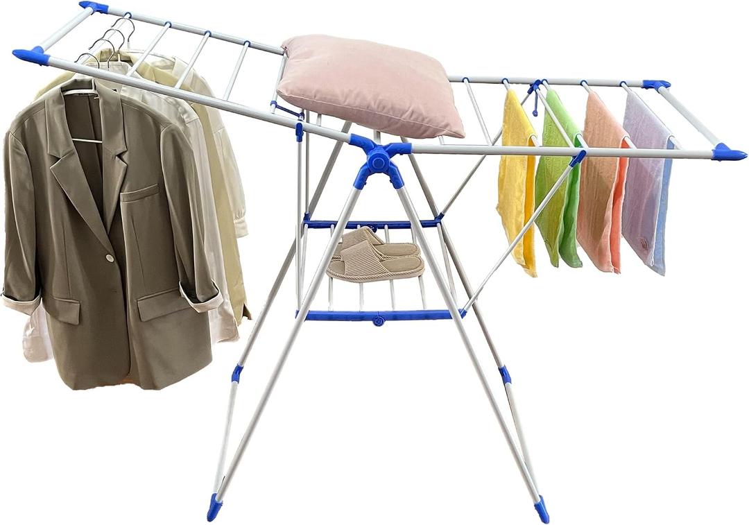 Clothes Drying Rack, Foldable 2-Tier Drying Racks for Laundry, Large Foldable Laundry Stand with Height-Adjustable Gullwings, for Clothes, Towels, Linens, Indoor/Outdoor, BlueWhite 58“