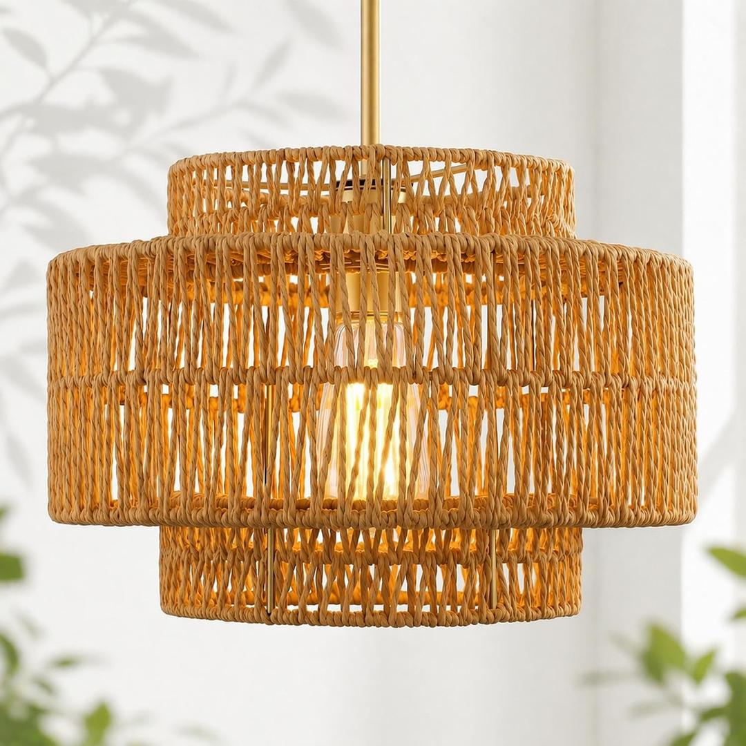 12.5" Boho Rattan Chandelier, 1-Light 3-Tier Hand Woven Pendant Light Fixture with Gold Finish, Natural Brown Hanging Light for Entryway Bedroom Hallway, Adjustable Height, AD-25050-1P-GD
