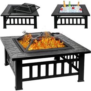 32 Inch Fire Pit Table with Fire Poker & Spark Screen, Outdoor Burning Fire Pits, 3 in 1 Metal Square Firepit Stove for Outside Heating, Bonfire Party, Camping, Patio, Garden