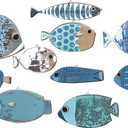 10 Pcs Fish Wall Decor Wooden School of Fish Wall Hanging Decor Wood Beach Wall Art Nautical Theme Bathroom Coastal Ocean Home Decorations Gifts, Not 3D Pattern