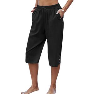 Larmliss Womens Casual Capri Pants Elastic Waist Solid Color 3/4 Wide Leg Summer Trousers with Pockets (Black, XL)