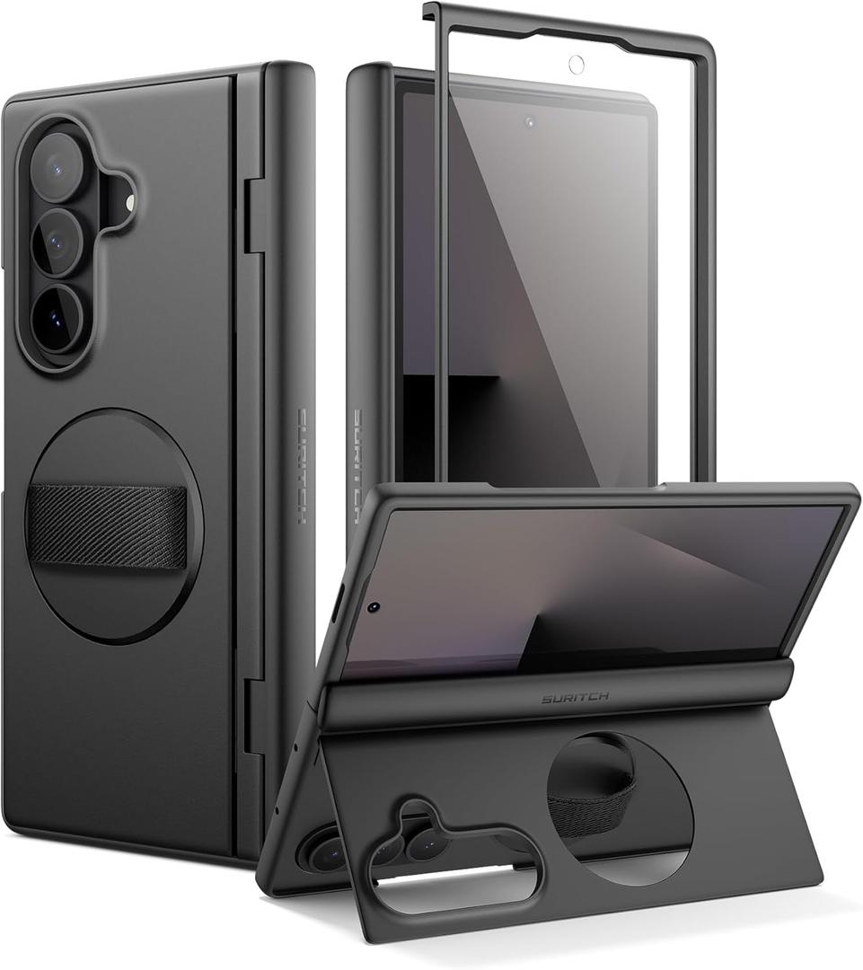 SURITCH for Samsung Galaxy Z Fold7 Case with 360 Rotatable Hand Strap Phone Grip Holder & Invisible Kickstand & Screen Protector, Protective Cover for Fold 7 -Black