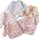 Sleeved Bib,5 Pack,Waterproof Shirt Bibs for Baby 3-24 Months Wipe Clean
