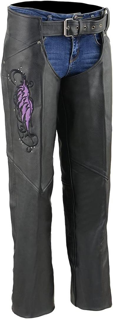 Milwaukee Leather Women's Classic Black Premium Leather Motorcycle Chaps w/Black Wing Embroidery-ML1179 (XX-Large, Purple)
