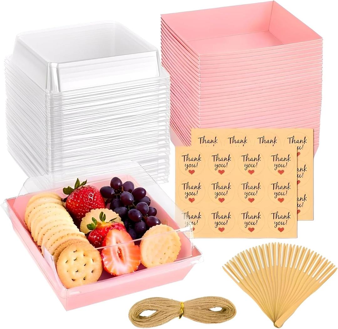 50 Pack Charcuterie Boxes with Clear Lids, Paper Disposable To Go Small Food Containers, 5 Inch Dessert Boxes for Sandwich, Cookie, Cake Slice, Strawberries (Pink)