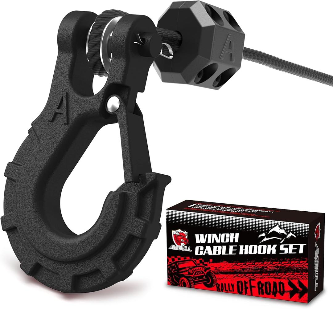 3/8" Winch Hook & Winch Cable Hook Stopper Sets, Heavy Duty Grade 70 Forged Steel Recovery Hook with Safety Latch, Included Allen Wrench,Max 37,478 Lbs, Matte Black