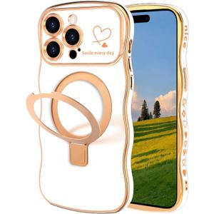 for iPhone 14 Pro Max Magnetic Case with Stand, Luxury Electroplating Shockproof Wave Curly Frame and Heart Pattern, Lens and Screen Edge Raised Protection for iPhone 14 Pro Max-White