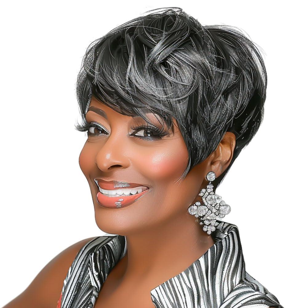 MOONSHOW Short Grey Wigs for Black Women Grey Pixie Cut Wig Synthetic Short Side Part Pixie HairCut Wigs with Bangs for Old Women Gray Straight Pixie Wig