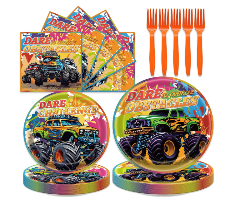 96Pcs Monster Machine Birthday Party Decorations Blaze And The Monster Machines Tableware Set Disposable Plates Napkins Forks Serves 24 Truck Boys Birthday Party Decorations