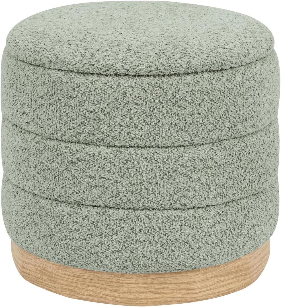 Round Storage Ottoman with Reversible Tray Lid, Folding Chenille Fabric Footrest with Hidden Storage, 15.4" Footstool for Small Spaces Living Room Bedroom, Wood Grain Base, Sage Green, 15.4"D x 15.4"W x 14.6"H