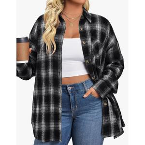 IN'VOLAND Womens Plus Size Flannel Plaid Shirts Long Sleeve Casual Collared Button Down Shirt Loose Blouse Top 24W 2 XL