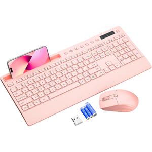 Pink Keyboard and Mouse Wireless, 2.4G Lag-Free Cute Keyboard Combo with Ergonomic Wrist Rest, Phone Holder & Batteries Included, Cordless Silent Key Board Set for Computer, PC, Windows - Trueque