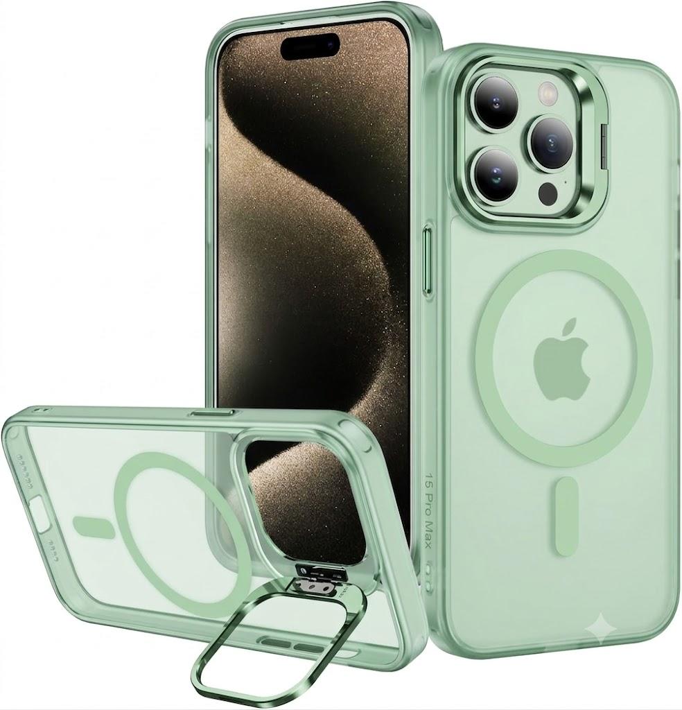 for iPhone 15 Pro Case Compatible with Magsafe, Clear Transparent Camera Kickstand iPhone 15 Pro Case Shockproof Heavy Duty Protective Cover Case for iPhone 15 Pro, Green