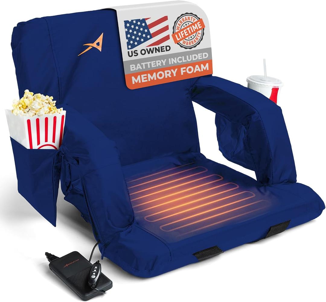 Heated Stadium Seats for Bleachers with Back Support – USB Battery Included - Upgraded 3 Levels of Heat - Foldable Chair - 4 Pockets, Cup Holder - for Camping, Games & Sports (Navy Blue), 16 inches x 14 inches x 14 inches