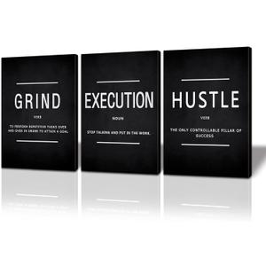 BWSPACE Motivational Wall Decor Grind Hustle Execution Wall Art Office Wall Decor Posters for Men 3 Pieces Framed Canvas Wall Prints Artwork Home Gym Bedroom Ready to Hang