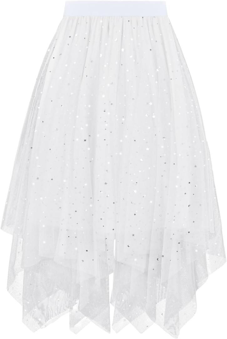 Century Star Sequin Tulle Skirts for Women Long Sequin Skirt Tutu High Low Skirt Sparkly Layered Elastic Waist A-Line Skirt (White) One Size