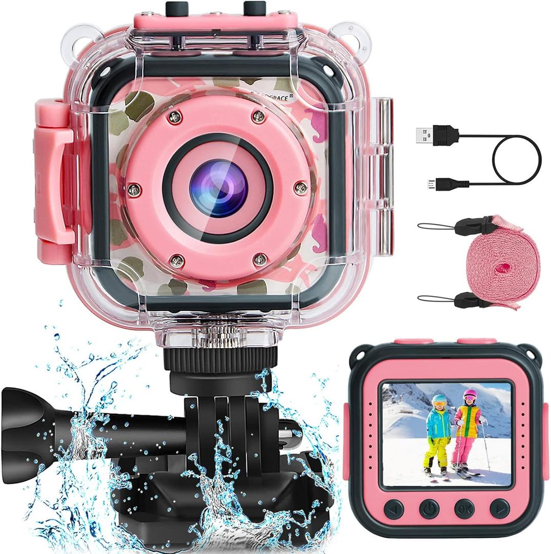 PROGRACE Kids Camera Waterproof- Children Digital Video Cameras Underwater Camera Toy for Kids 1080P DV Toddler Cameras for Girls Birthday Pool Toys Age 3-14 (Pink)