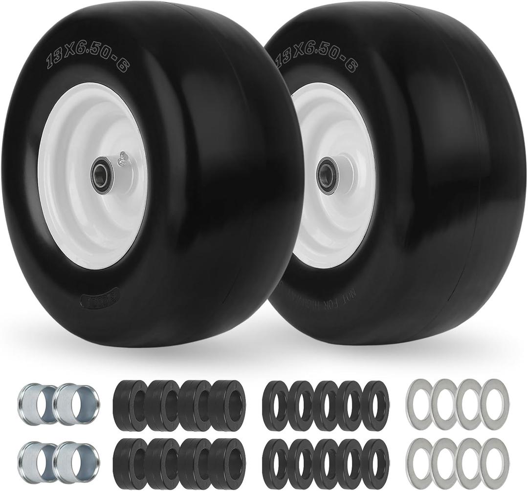 GICOOL 13x6.50-6 Flat Free Lawn Mower Tire and Wheel, Solid Smooth Zero Turn Mower Front Tire Assembly, with 3/4" & 5/8" Bearing, 4"-6.5" Centered Hub, Compatible with Lawnmower Garden Tractor, 2 Pack