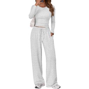 Trendy Queen Women's 2 Piece Matching Lounge Set Long Sleeve Slightly Crop Top Wide Leg Pants Casual Sweatsuit (Large, Oatmeal Grey)