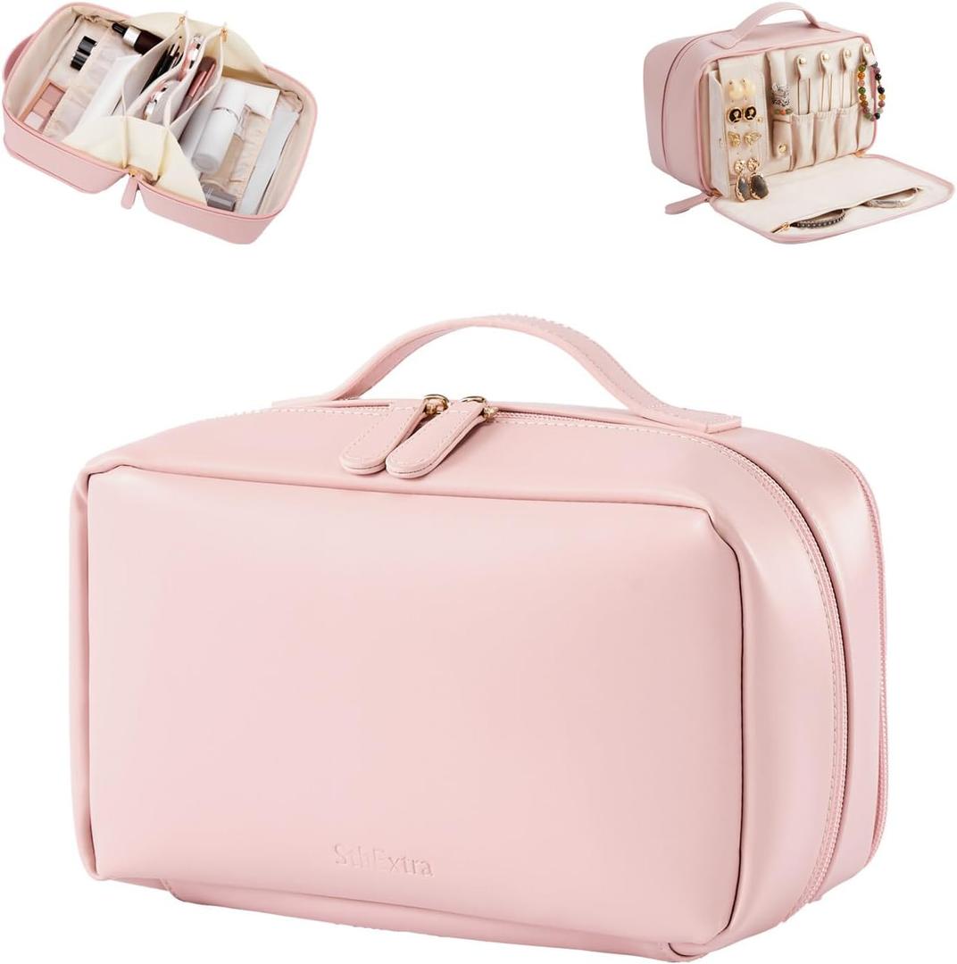 Travel Toiletry Bag with Jewelry Compartment, Waterproof PU Leather Makeup Bag with Separate Brush Holders, Portable Open Flat Cosmetic Organizer (Pink)