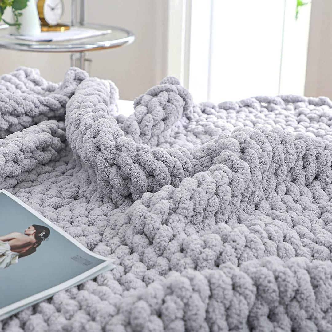 Bigacogo Chunky Knit Throw Blanket for Couch, 40x60 inches, 100% Hand Knitted with Thick Jumbo Chenille Yarn, Cozy Soft Large Rope Knot Cable Crochet Blankets for Sofa Bed Living Room, Light Grey