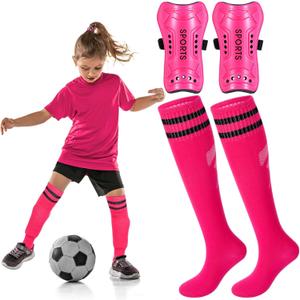 Syhood Soccer Shin Guards and Socks for Toddler Kids Youth, Lightweight Soccer Shin Pads Protective Defender Gear for 3-5, 5-10, 10-15 Years Old Children Teen Boys Girls Sports Game (Pink) Medium