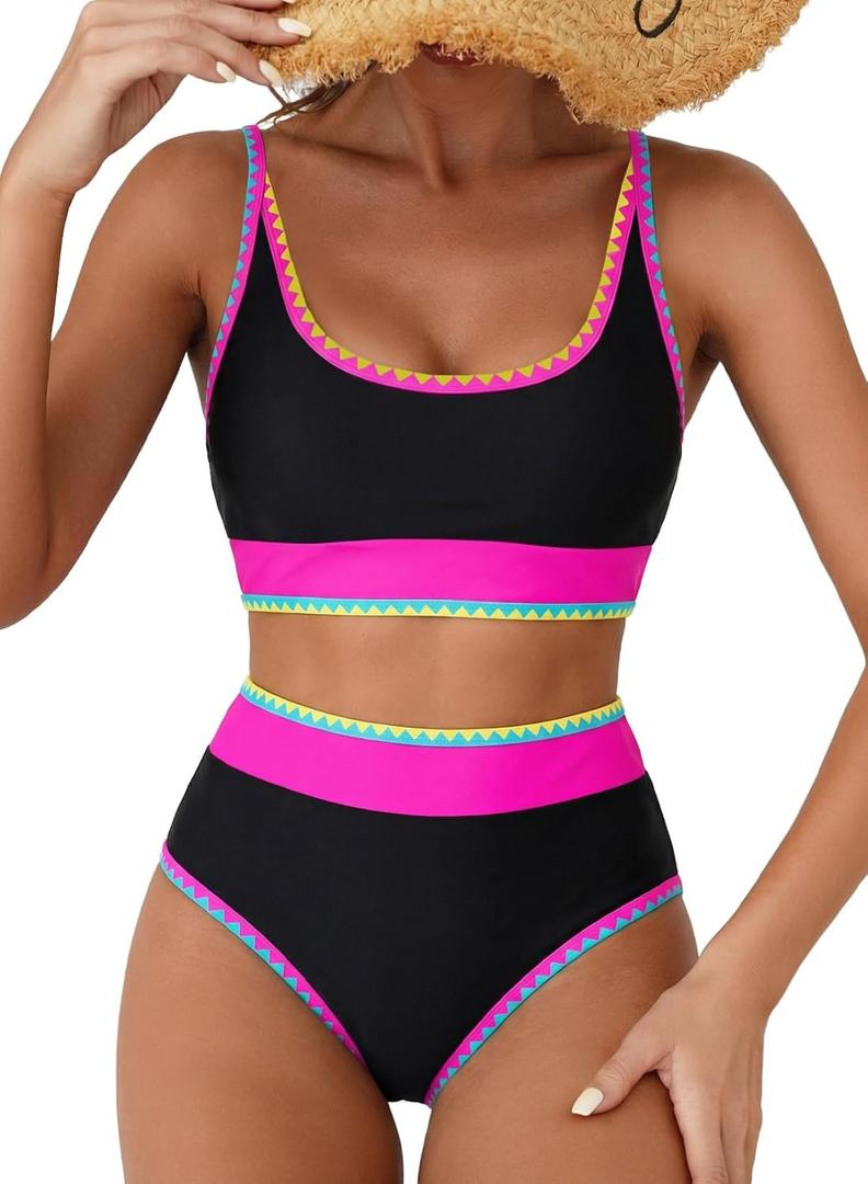 Herseas Women's Bikini Sets Floral Print Whip Stitch 2 Piece Swimsuits High Waisted Scoop Bathing Suits (L)