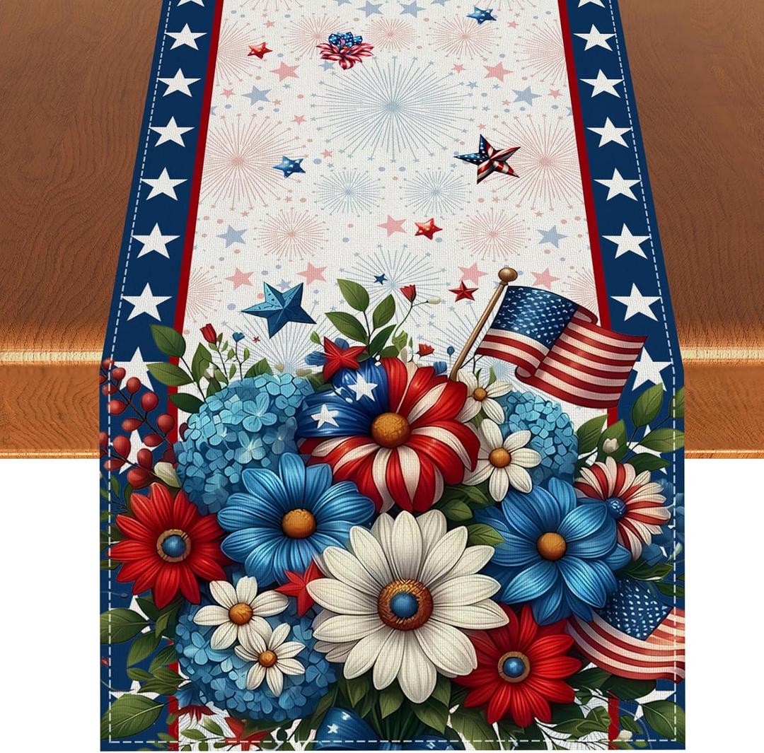 Memorial Day Patriotic 4th of July Table Runner,Red White and Blue Flowers Table Decor Veterans Day Independence Day Decorations and Supplies for Home Kitchen Table-1372''