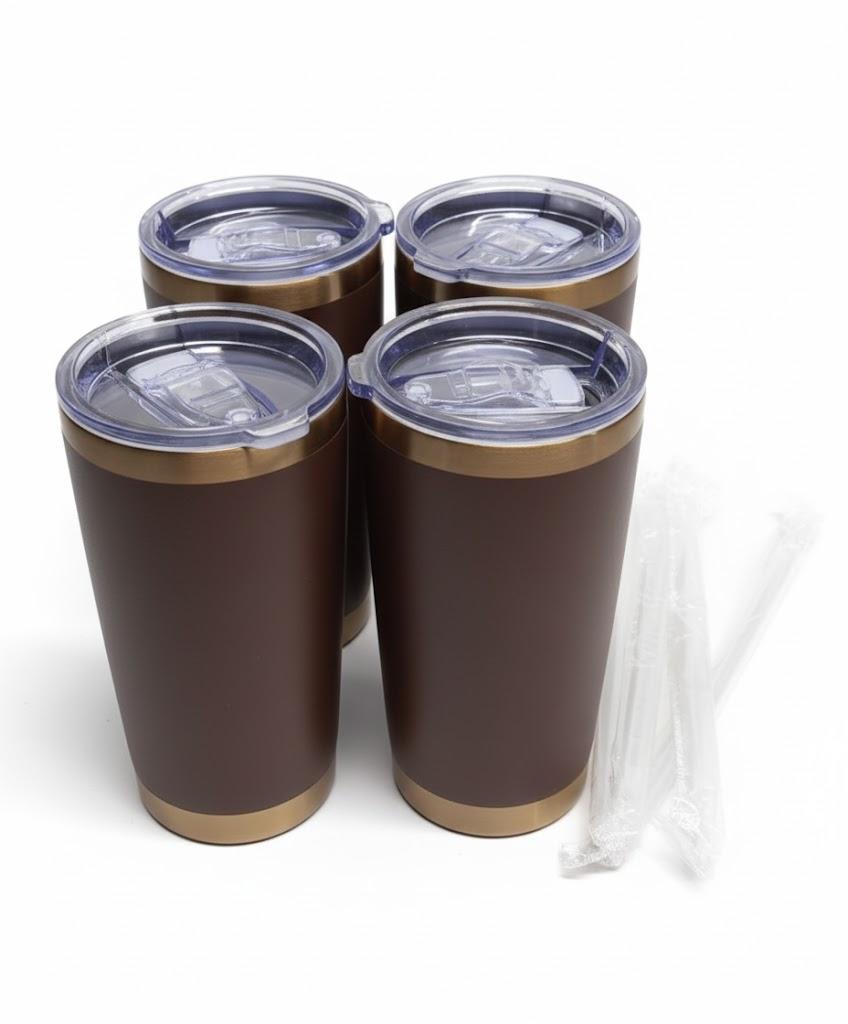 20 oz Tumbler with Lid Stainless Steel Insulated Tumblers Bulk Double Wall Vacuum Cups Powder Coated Travel Mug Keep Drinks Cold and Hot, Brown, 4 Pack