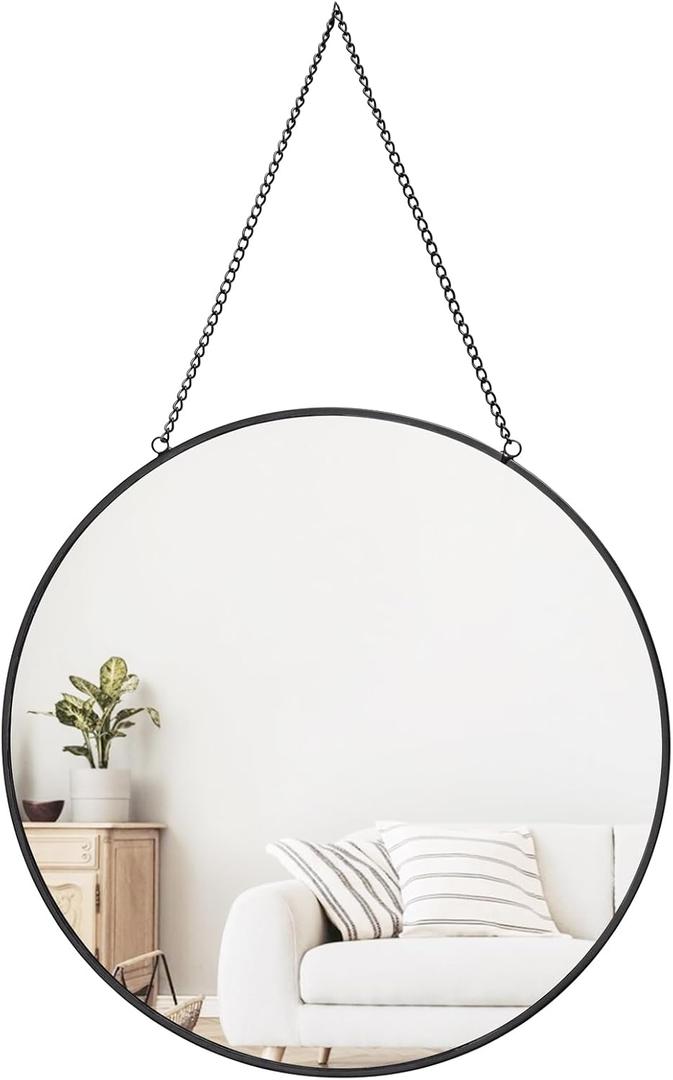 Dahey 11.8-inch Small Hanging Circle Mirror Wall Decor Gold Round Mirror with Hanging Chain for Living Room Bathroom Bedroom Dorm College Office, Black