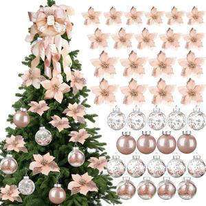 49 Pcs Rose Gold Christmas Tree Decoration Set Tree Topper Bow 24 Pcs Christmas Glitter Artificial Poinsettia Flowers and 2.36 Inch Xmas Ball Ornaments for Xmas Party Holiday Decor