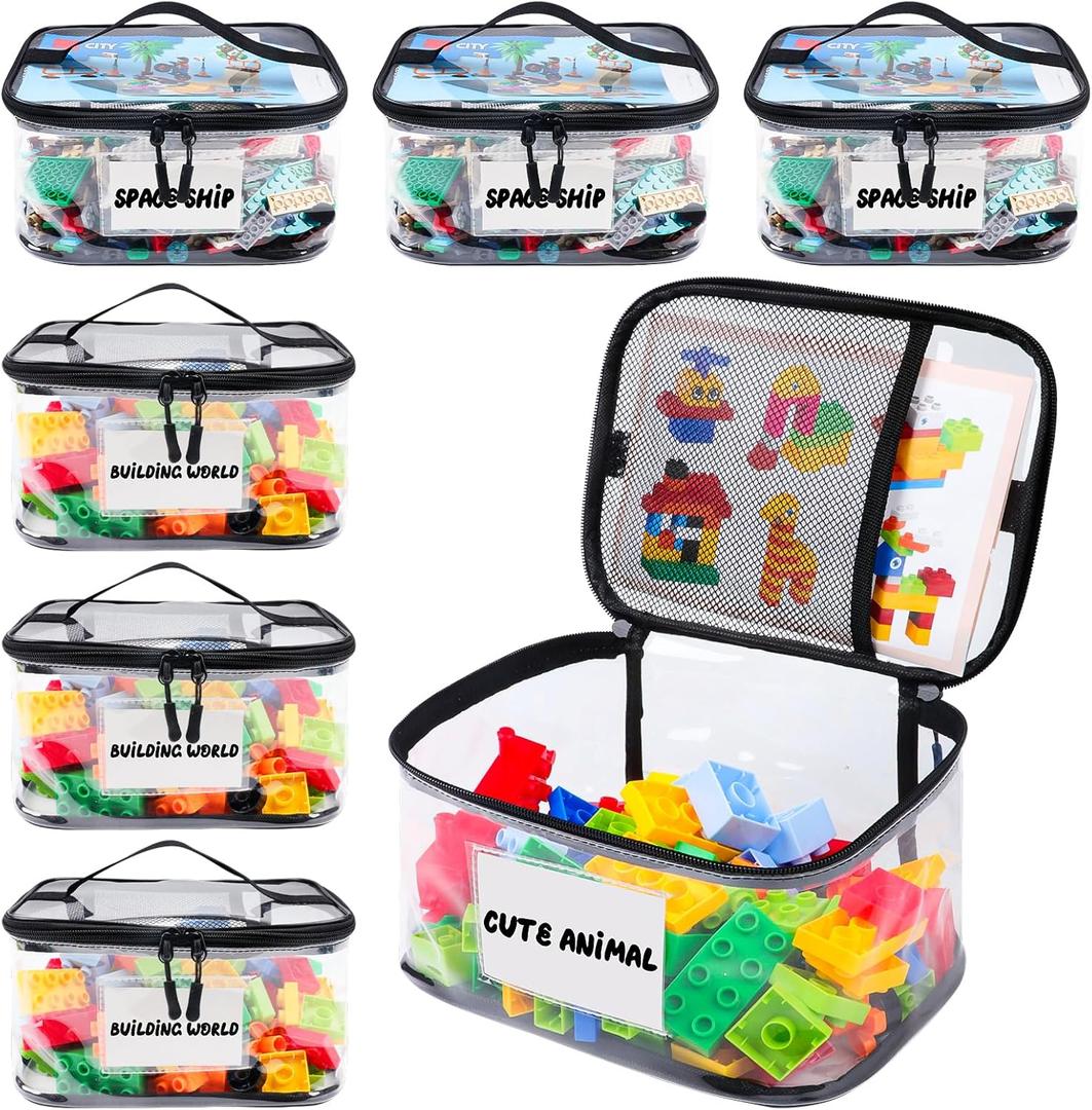 Tesuko 6 Pack Clear Toy Storage Bag with Name Tag& Manual Pocket, Waterproof Transparent PVC Toy Organizer Case for Lego Bricks, Board Games, Building Blocks, Puzzles (Large Capacity, Black)