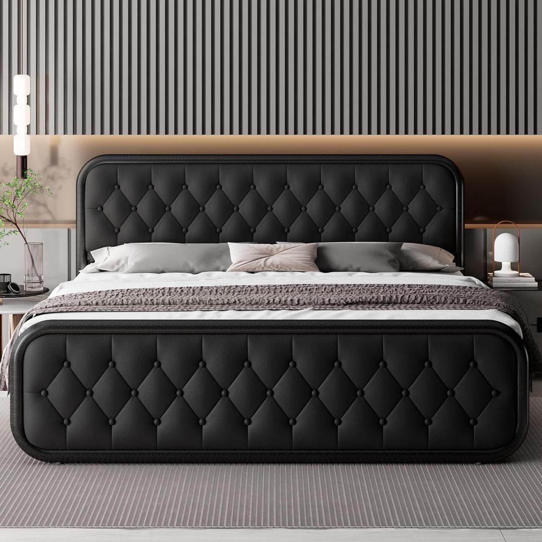 Feonase King Size Bed Frame, Upholstered Bed Frame with Faux Leather Headboard, Heavy Duty Platform Bed with Strong Metal Slats, 12 Inch Under-Bed Storage, Noise-Free, Easy Assembly, Black