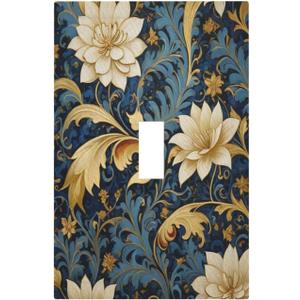 Flowers Leaves On Blue Gold Accents 1 Gang Light Switch Covers Single Toggle Wall Plate Decorative Switchcover Electrical Switchplate for Farmhouse Living Decor (1-Gang Toggle / 5 x 3 IN)