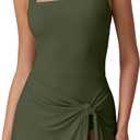 QINSEN Square Neck Swim Dress for Women Tummy Control One Piece Swimsuit Wrap Bathing Suit (X-Large, Army Green)