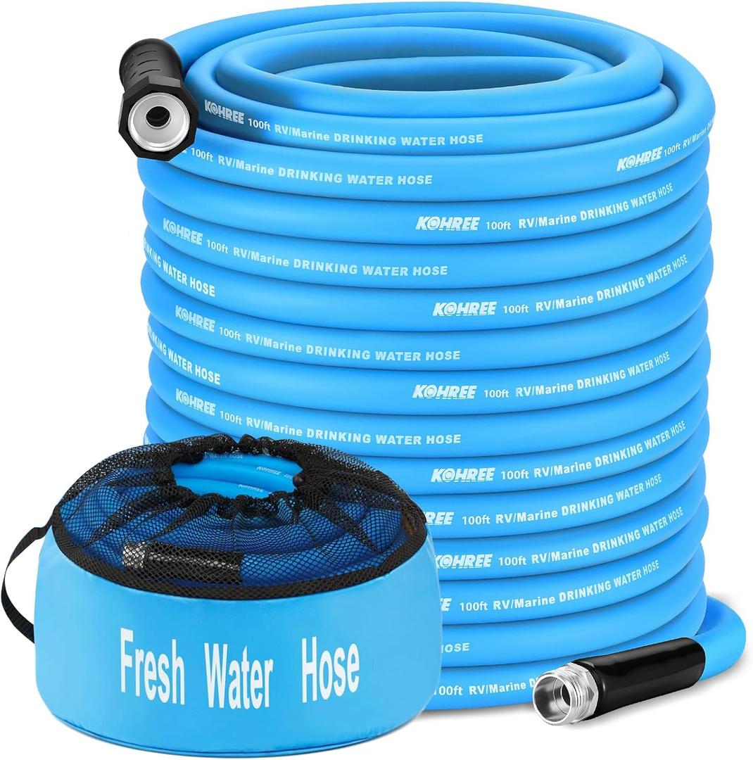 Kohree 100 FT RV Water Hose, 5/8" Premium Drinking Water Hose, Leak Free, No Kink, Long Garden Hose 100 ft with Storage Bag, Ideal for RV, Camper, Truck, Garden - Blue