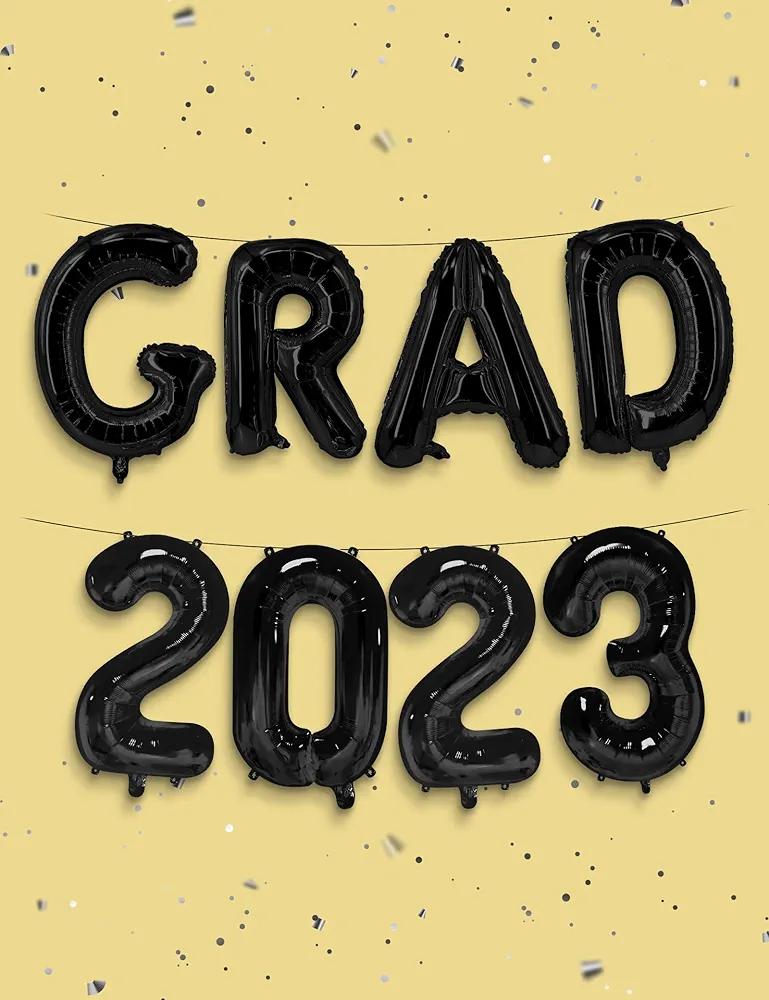 HOUSE OF PARTY Black Grad 2023 Graduation Balloons Banner - 16 Inch Grad 2023 Foil Letter Balloons for Graduation Party Decorations 2023 | Class of 2023 Graduation Backdrop Balloons