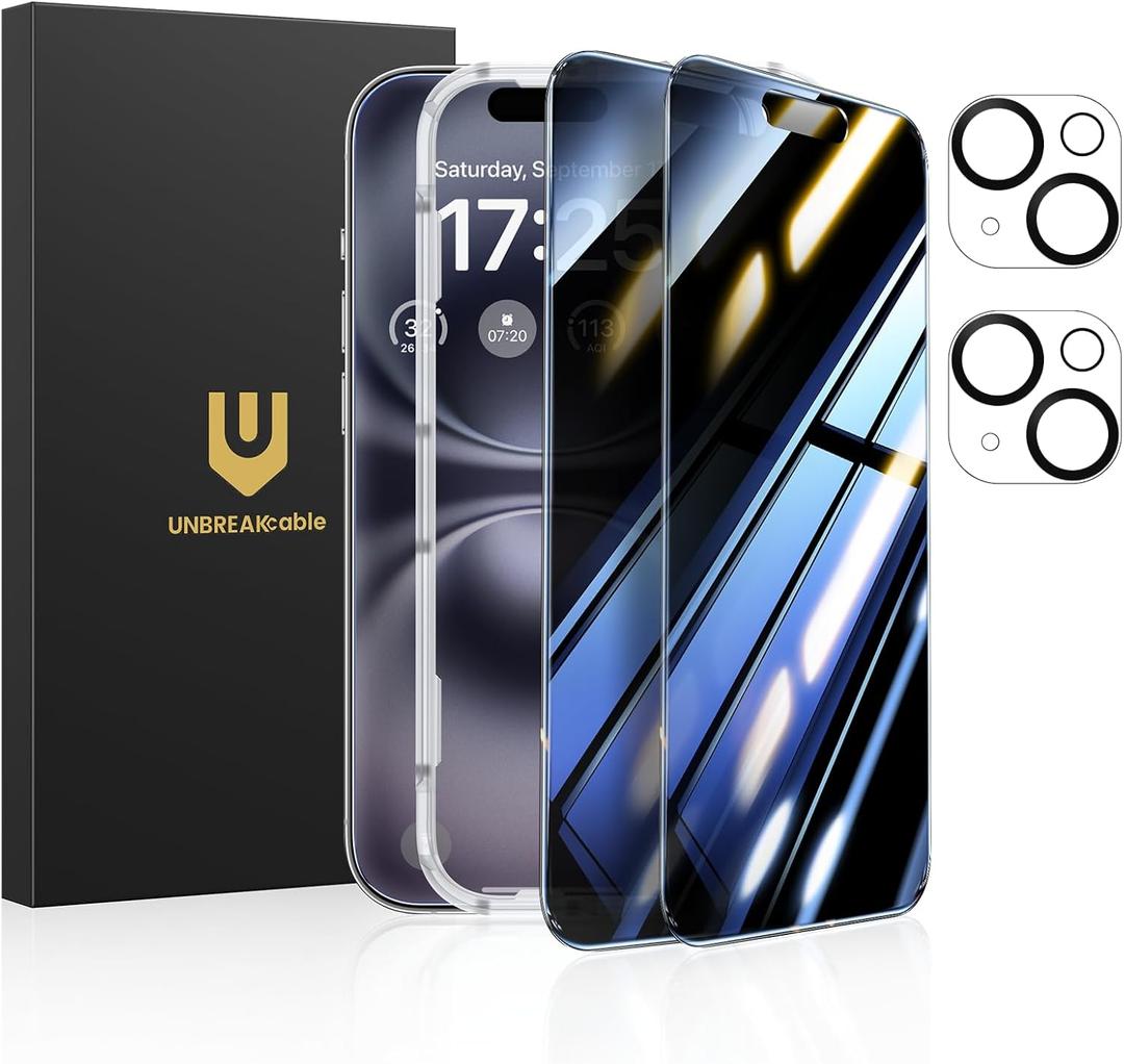 UNBREAKcable Privacy Screen Protector for iPhone 16 (6.1-Inch), 2-Pack + 2 Lens Protectors25 Anti-Spy9H HardnessAnti-FingerprintHD Clarity Tempered Glass