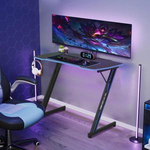 BORGEBY Gaming Desk, 39 Inch Carbon Fiber Surface Study Table Writing Desk Computer Table with Cup Holder & Headphone Hook, Small Desk for Bedroom Home Office, Blue