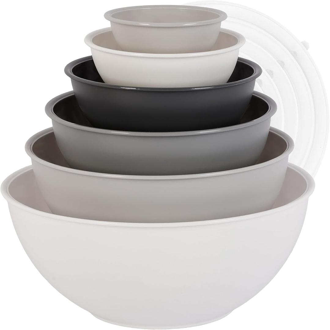 BoxedHome BPA Free Plastic Round Mixing Bowl with Lids, 12 Pack Nesting Bowls with Lids Set, Microwave and Dishwasher Safe Prep & Serving Bowls Great for Mixing, Baking, Serving (White, 12pcs)