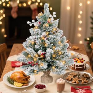 ININ 2FT Pre-lit Mini Christmas Snow Flocked Tree, Tabletop Artificial Christmas Tree with LED Lights, Small Xmas Pine Tree with Cloth Bag Base for Christmas Decor, 12 Clusters Berry & 8 Pinecones