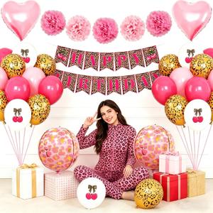 Pink Cheetah Print Birthday Decorations Leopard Foil Cherry Print Balloons Happy Birthday Banner with Heart Balloons for Women Baby Shower Safari Wild Birthday Theme Party Supplies
