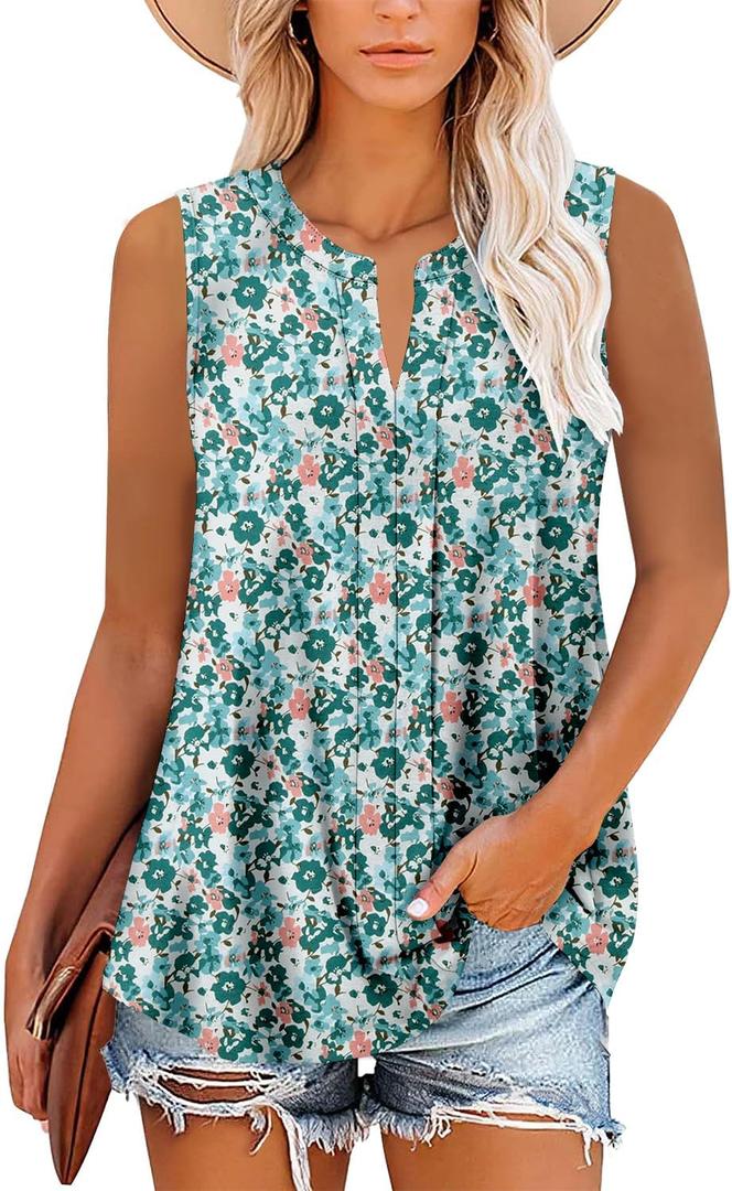 KISSMODA Tank Tops for Women Summer Sleeveless V Neck T Shirts Business Casual Outfits Flowy Tunic Oversized Clothes (Large, 2_green Orange)