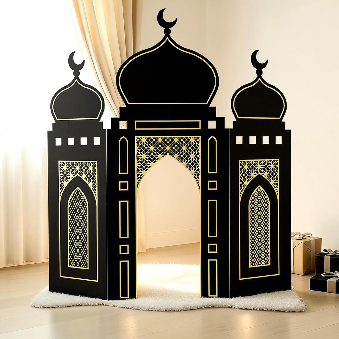 Amyhill Ramadan Eid Mosque Decorations 41 x 44.5 Inch DIY Cardboard Mosque Castle for Home Ramadan Playhouse Corner Activities for Islamic Muslim Home Decor(Black Gold)