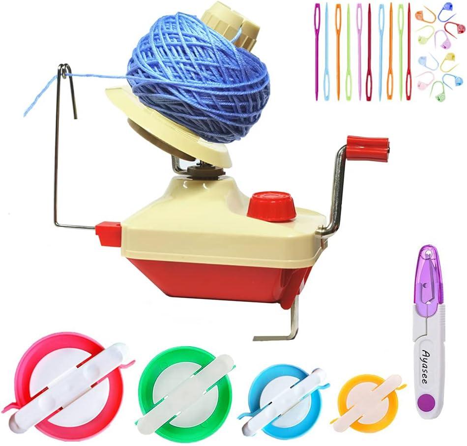 Ball Winders, Yarn Knitting Loom Crochet Swift Yarn Fiber String Ball Wool Winder DIY Tool Kit, 1Yarn Ball Winder+4Pompom Maker+10PS Knitting Stitch Markers+10PS Plastic Needles+1PS Scissors (26a)