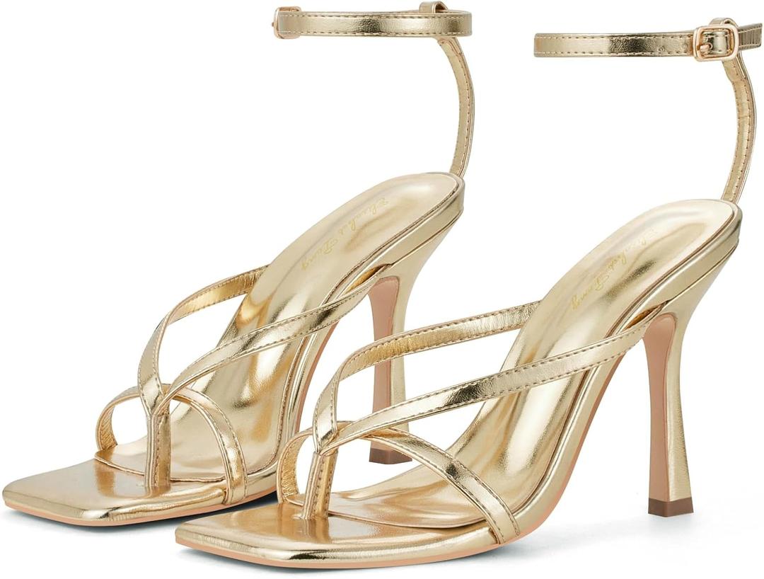 Elisabet Tang Womens Square Toe Heeled Sandals,4.3 inch Square Toe Thong Strappy Ankle Strap Stiletto Heel Sandals Wedding Dress Party Shoes, 10