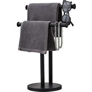 SHUNLI Black Hand Towel Holder Stand, Double Towel Rack Free Standing for Bathroom Countertop, T-Shape Hand Towel Stand for Stainless Steel