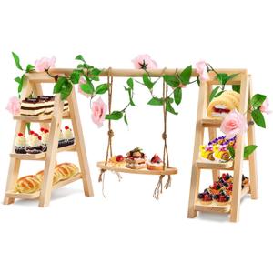 3 Tier Wooden Cupcake Stand with Swing and Flower Decoration, Large Dessert Stands with Serving Tray, Removable Trays, Foldable Ladder Food Display Set for Cake Snack Fruit Chips Bread Centerpieces (Natural)